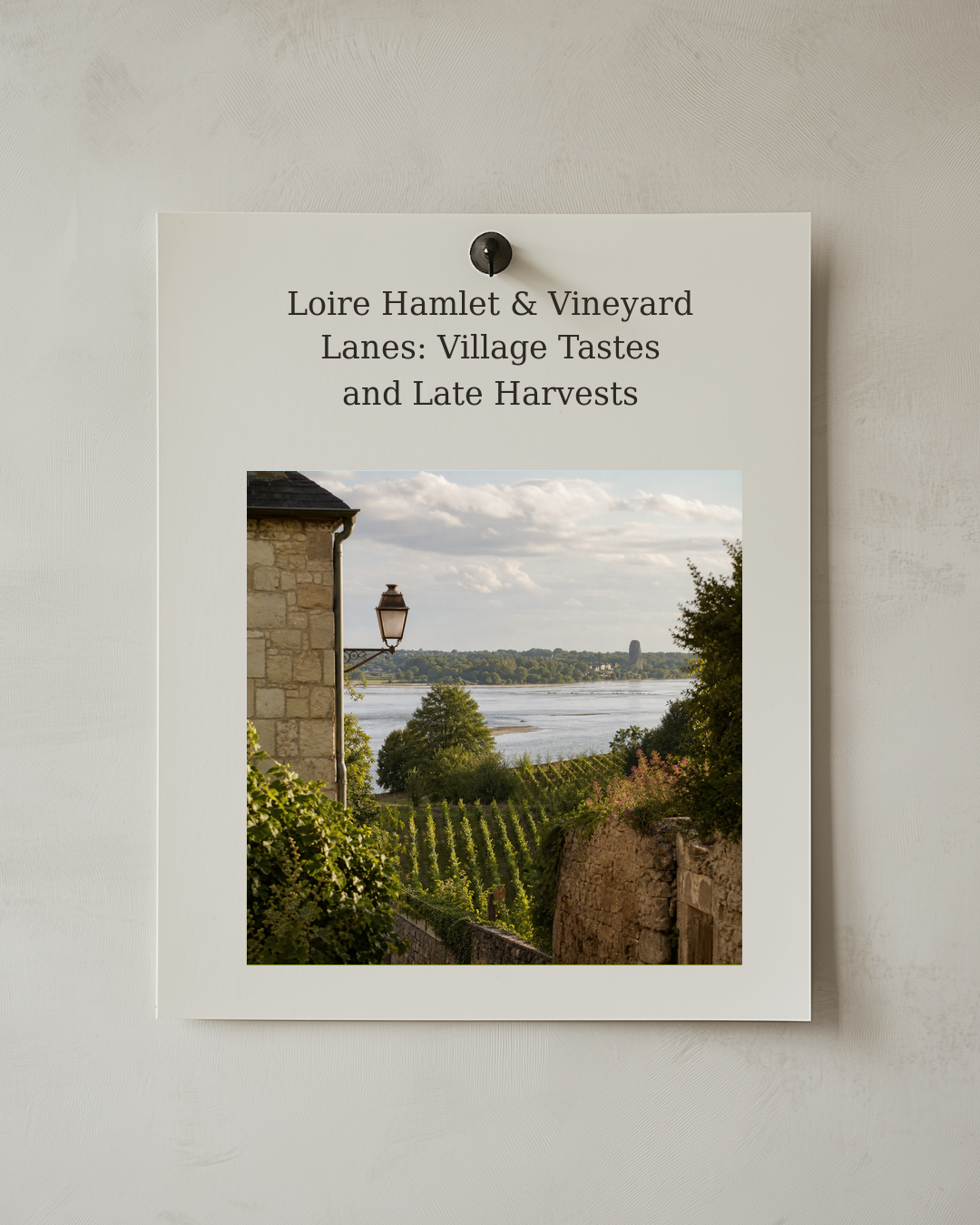 Pinned postcard cover showing a vineyard path above a broad river valley in late autumn.