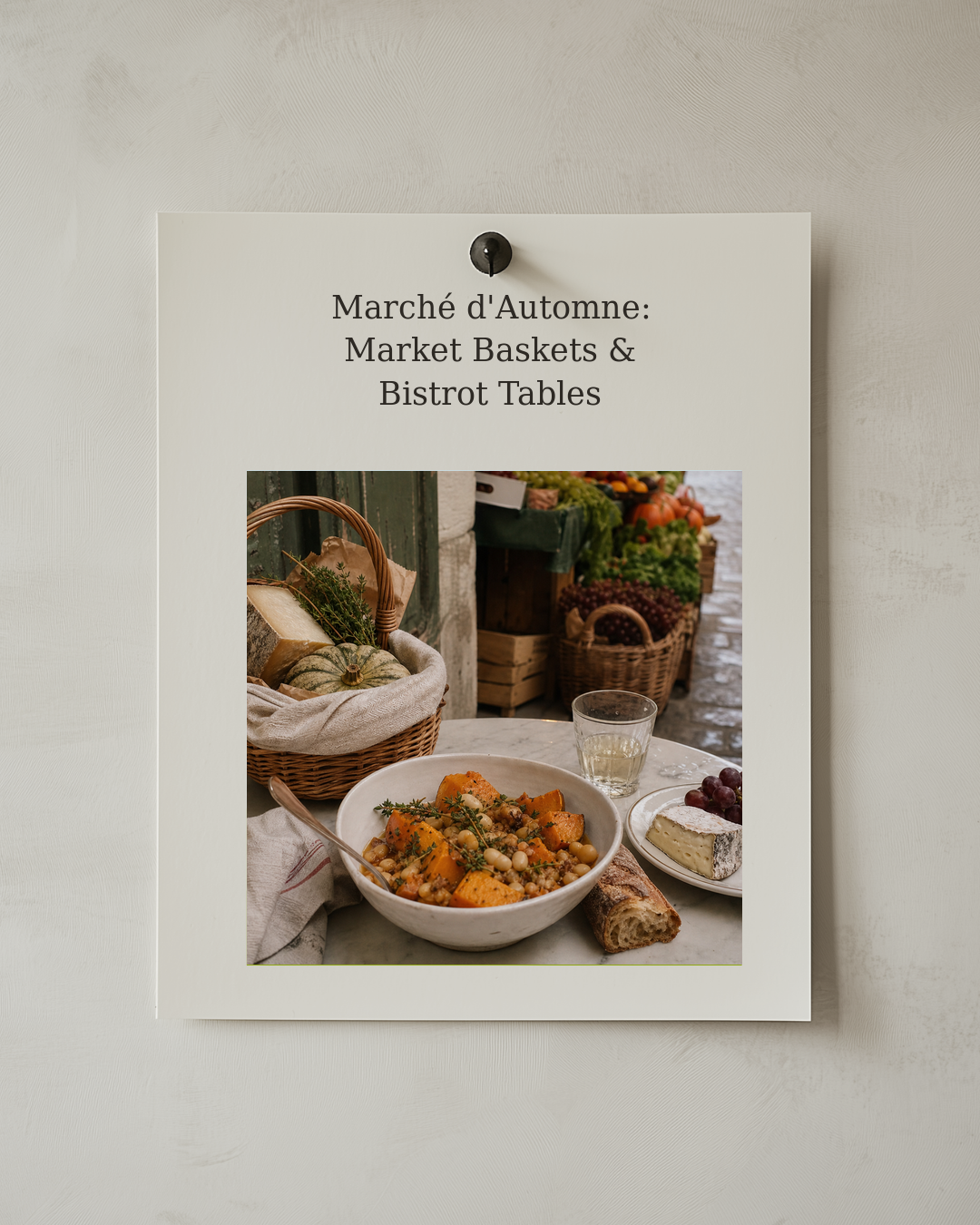Pinned postcard illustration announcing Marché d'Automne: Market Baskets & Bistrot Tables