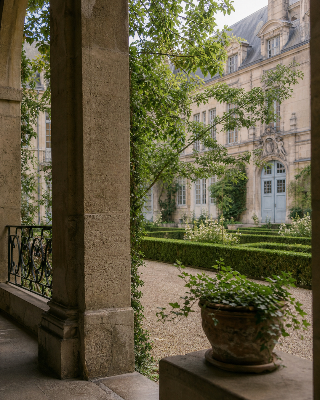 Original in-house AI activity illustration for Courtyards & Quiet: Slow Parisian Mornings