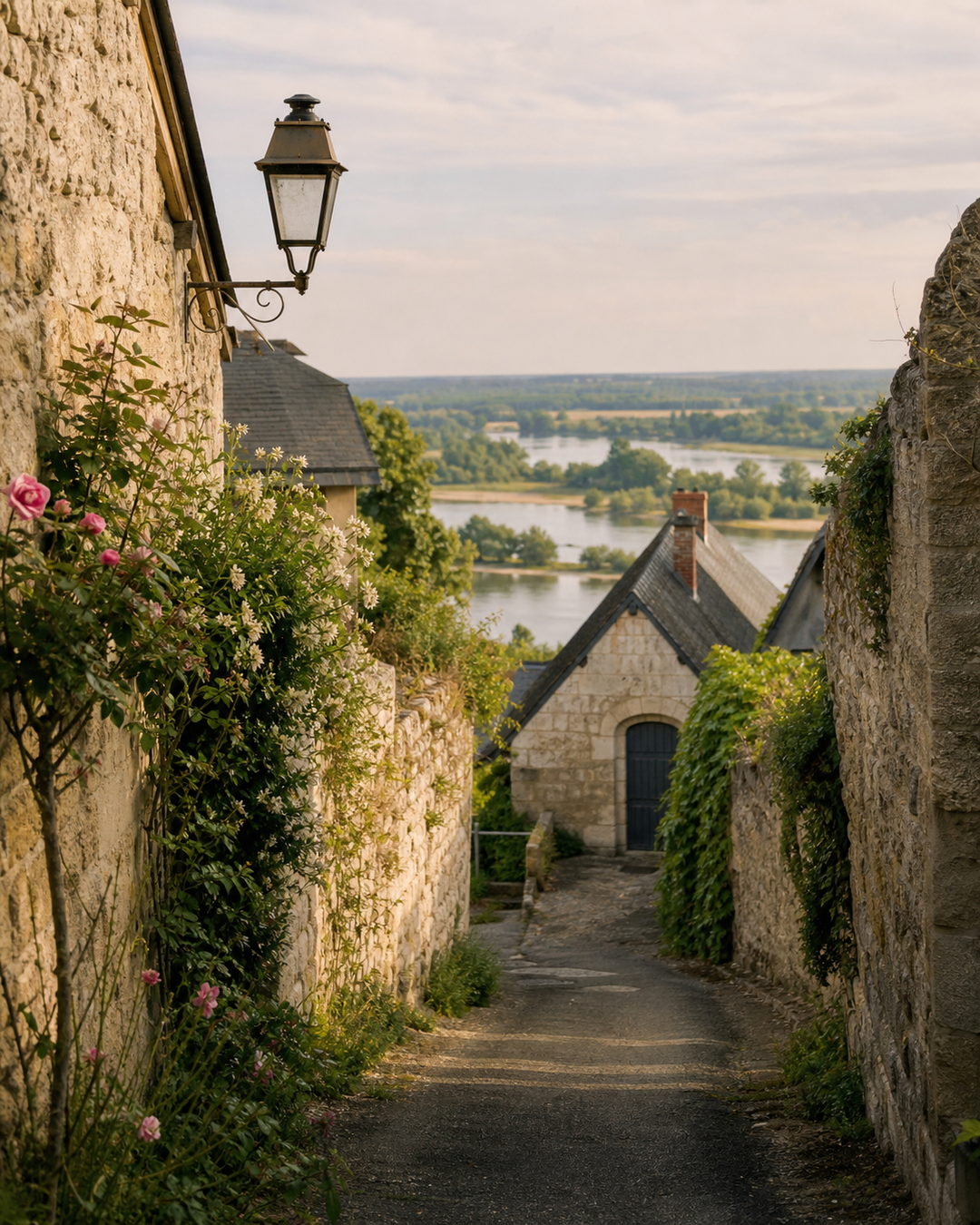 A narrow stone lane descending between old walls toward a distant valley.