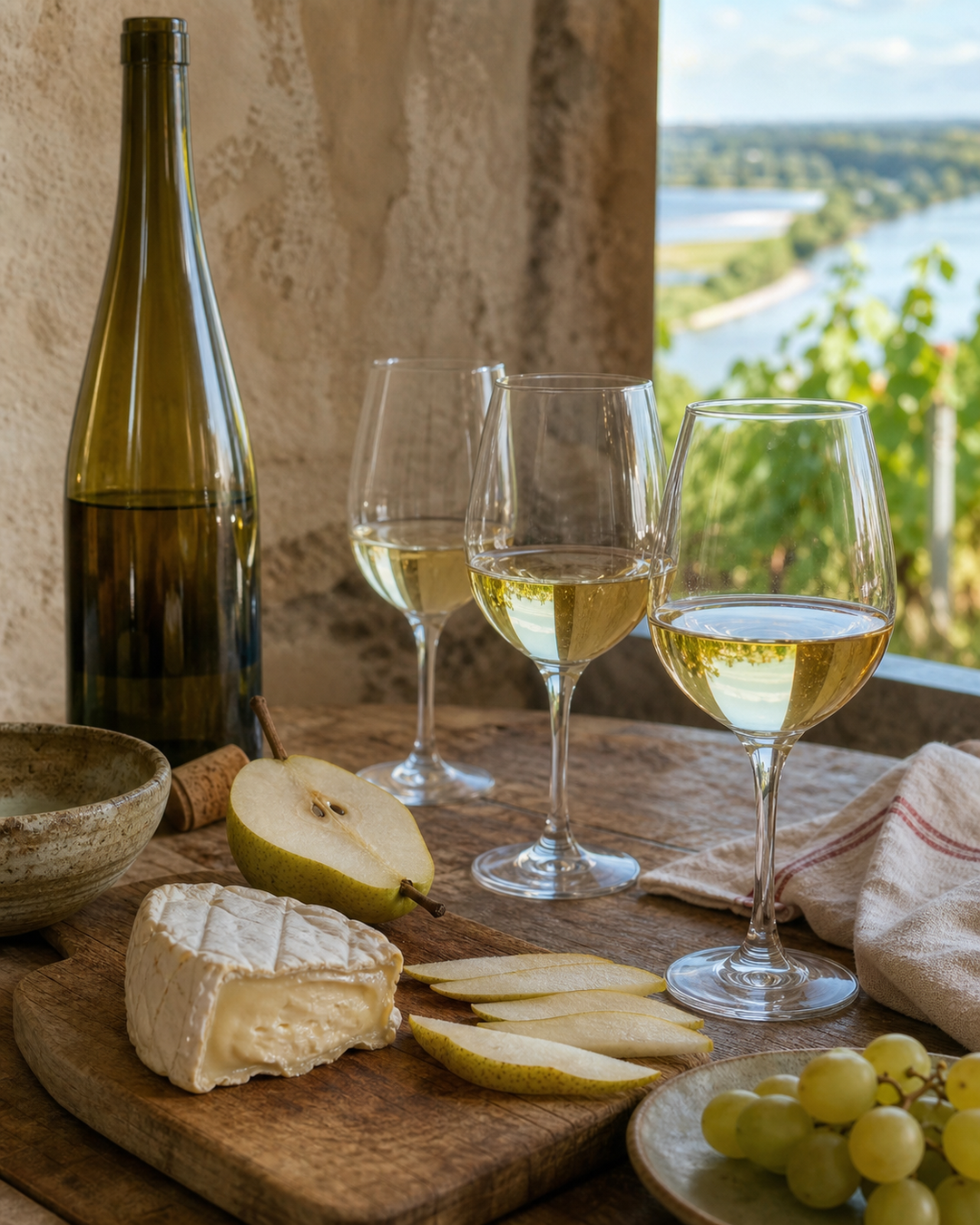 A bottle of white wine, two glasses, bread, cheese and grapes on a worn wooden table.