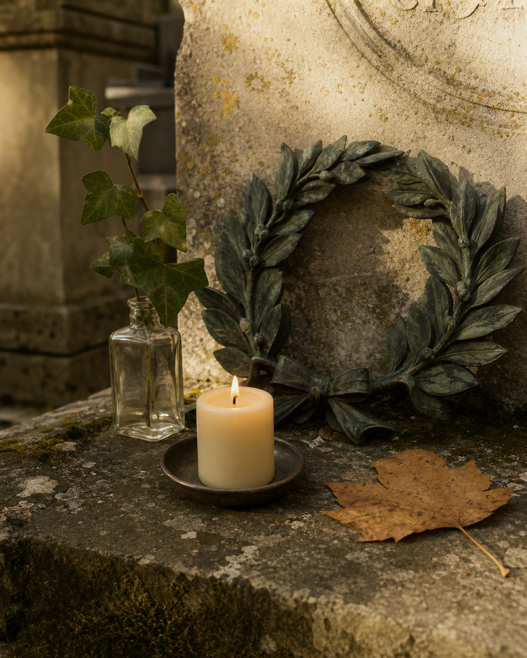 A small jar and dried leaves on a worn stone surface near a dark doorway.