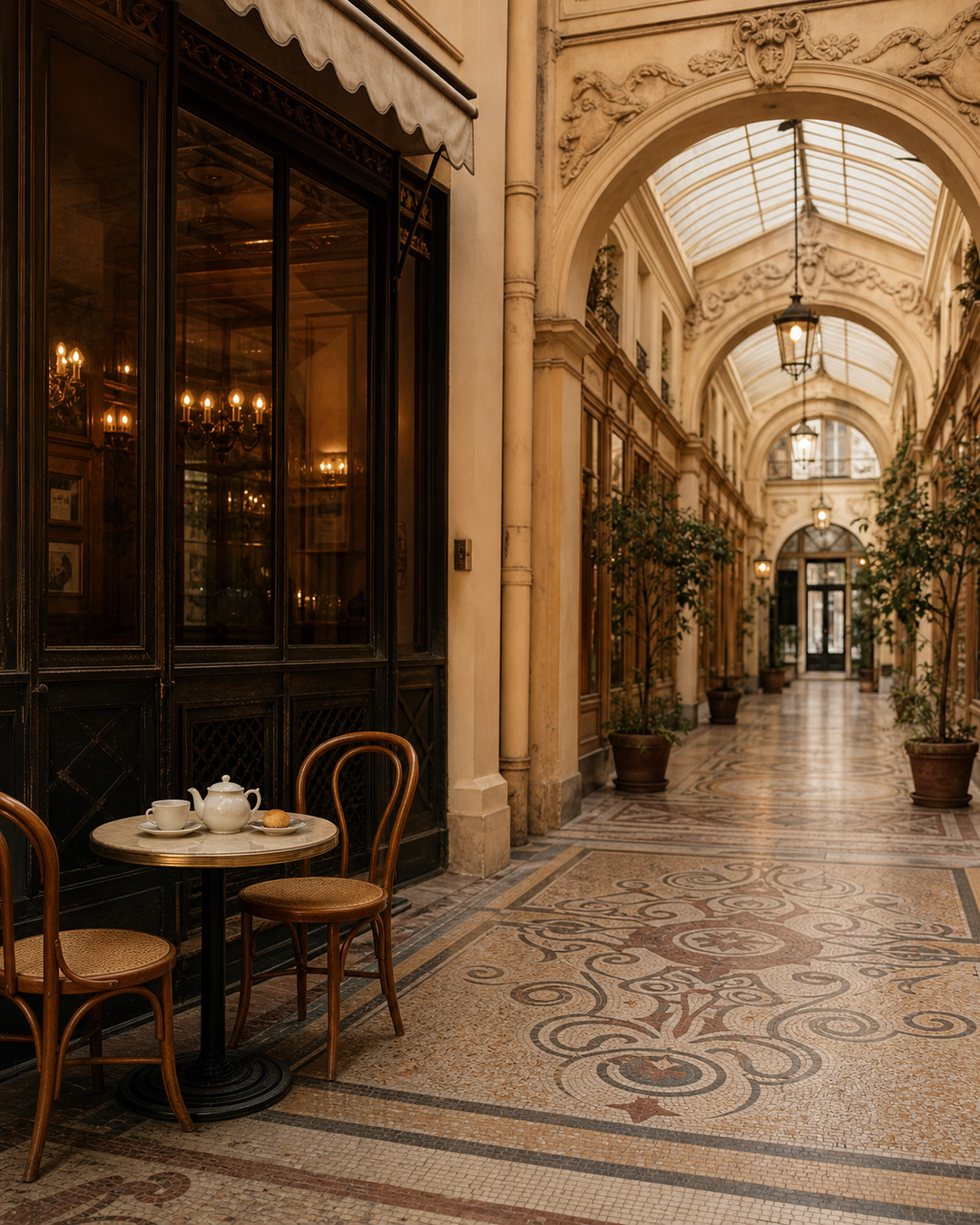 Original in-house AI activity illustration for Passages & Glass Roofs: Tea Under the Arcades