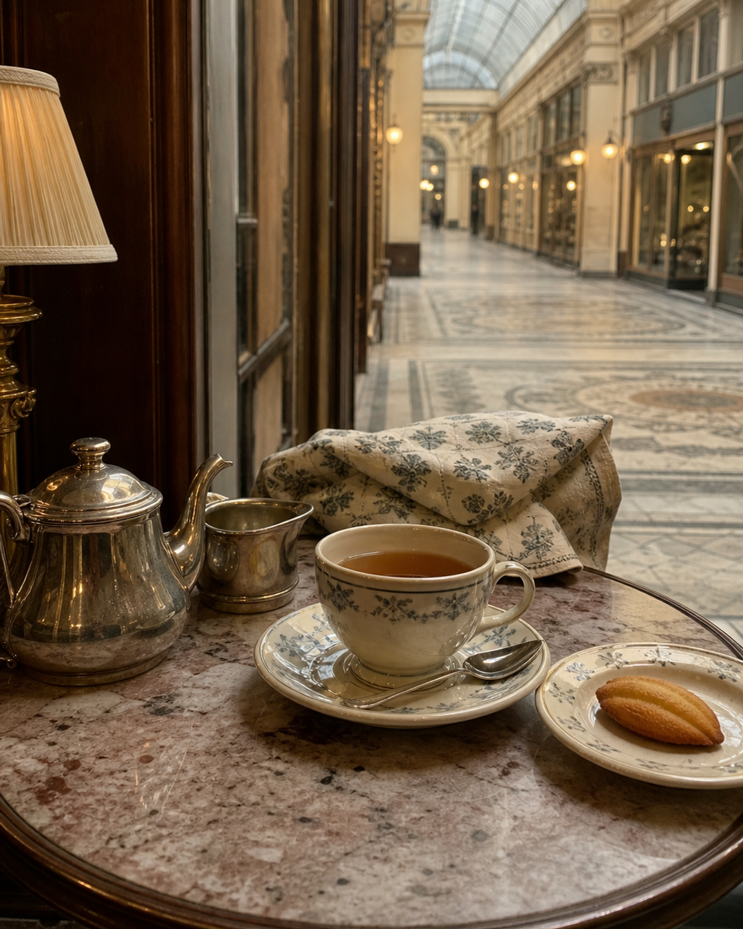 Original in-house AI material-echo illustration for Passages & Glass Roofs: Tea Under the Arcades