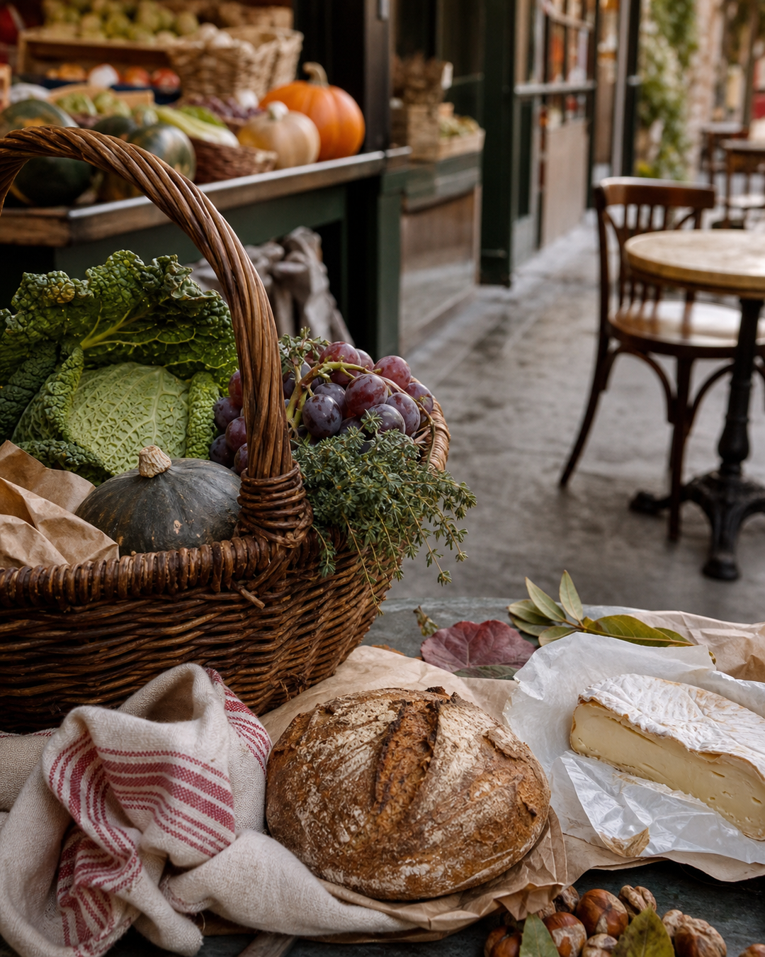 Original in-house AI activity illustration for Marché d'Automne: Market Baskets & Bistrot Tables
