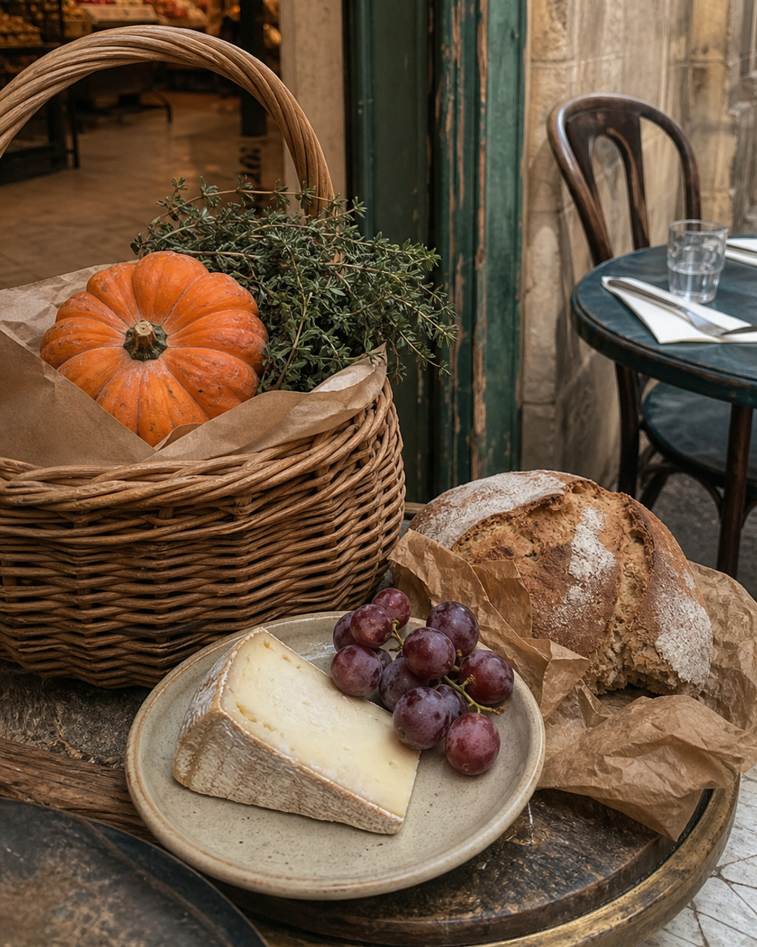 Original in-house AI material-echo illustration for Marché d'Automne: Market Baskets & Bistrot Tables