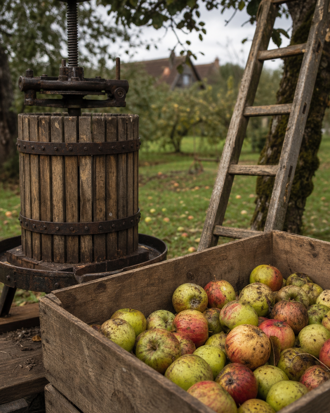 A wooden apple press beside a crate of freshly picked apples and a leaning ladder.