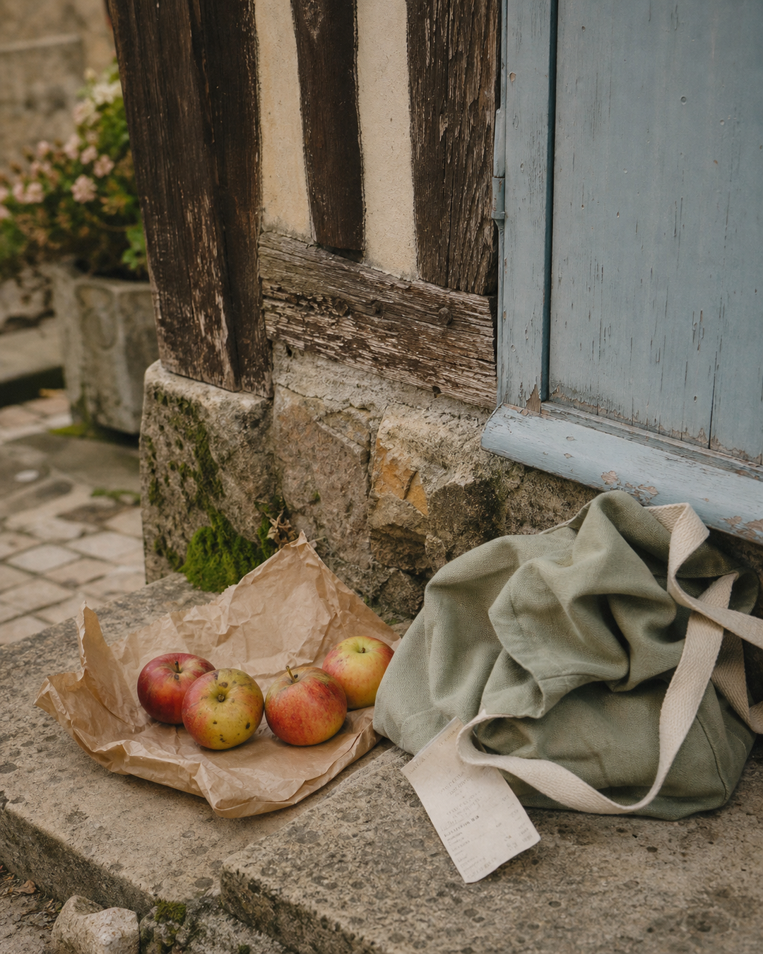 Windfall apples and a folded green cloth resting on a weathered stone ledge.