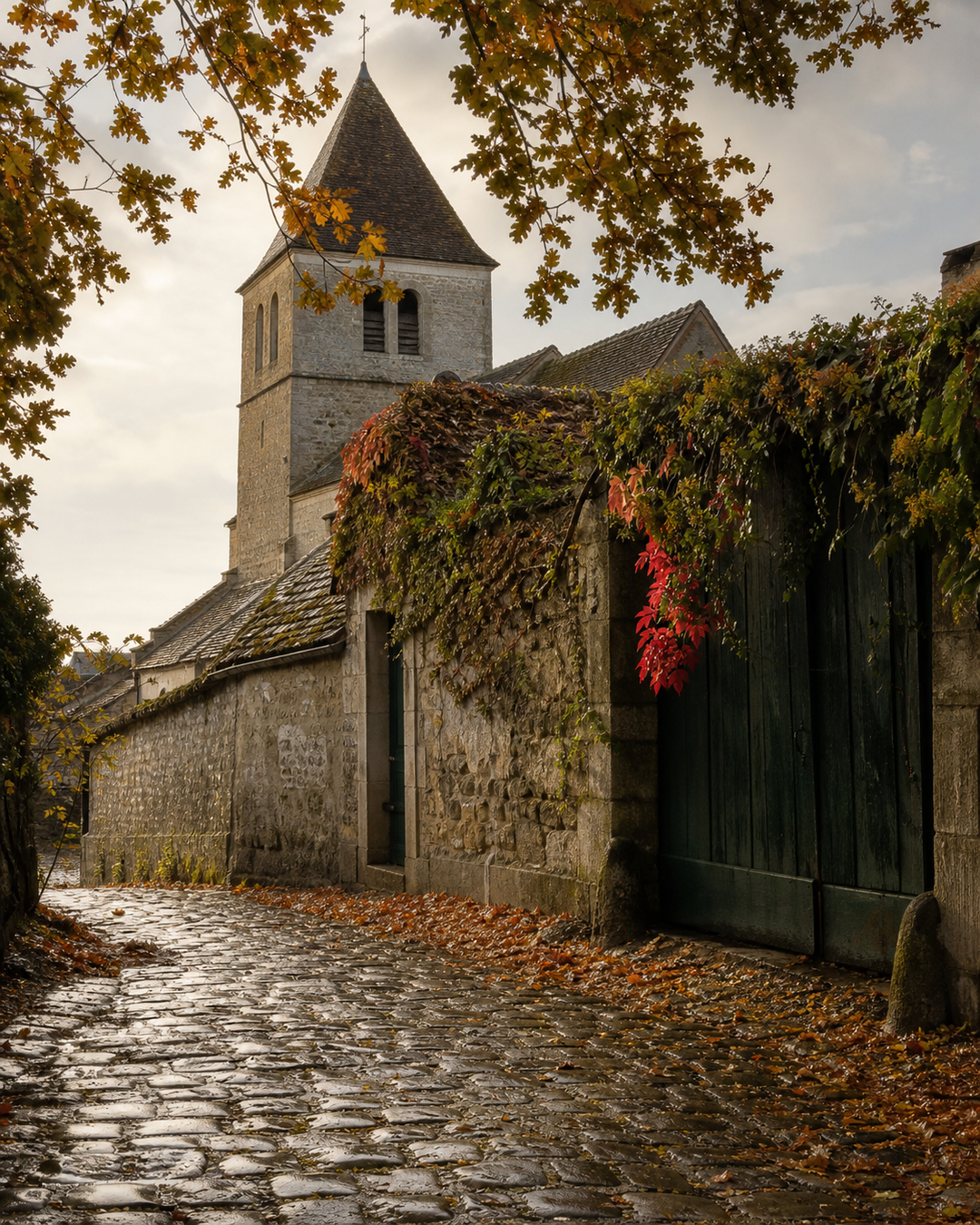 A wicker basket of fallen leaves beside an old pale stone wall.